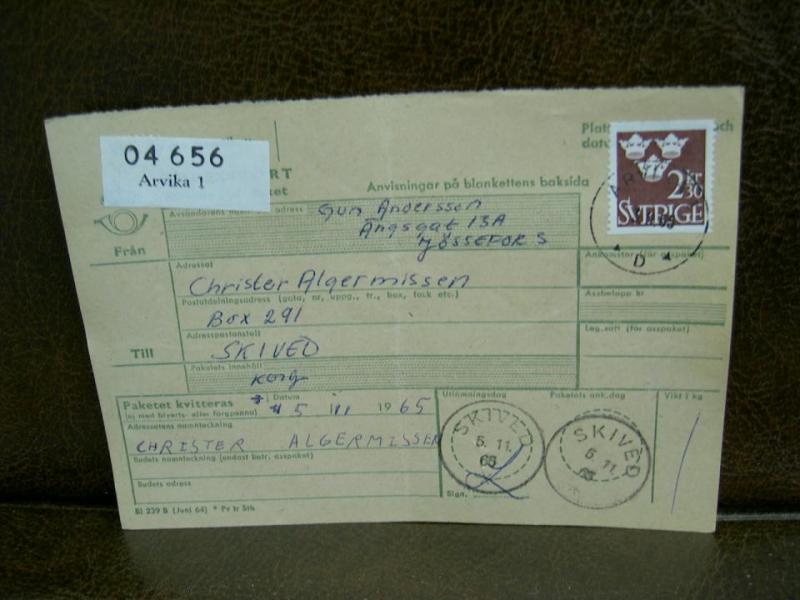 Paketavi med stämplade frimärken - 1965 - Arvika 1 till Skivad