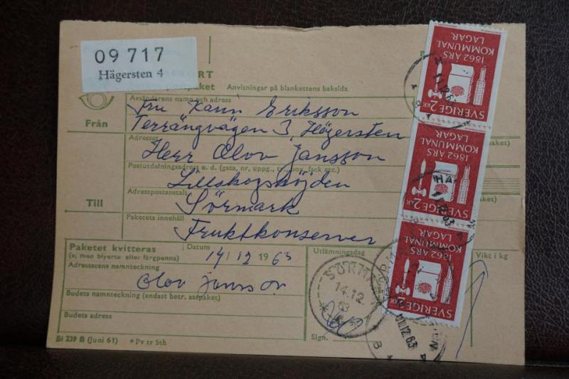 Frimärken  på adresskort - stämplat 1963 - Hägersten 4 - Sörmark