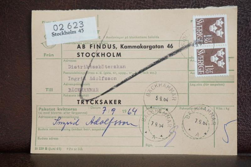 Frimärken på adresskort - stämplat 1964 - Stockholm 45 - Bäckhammar