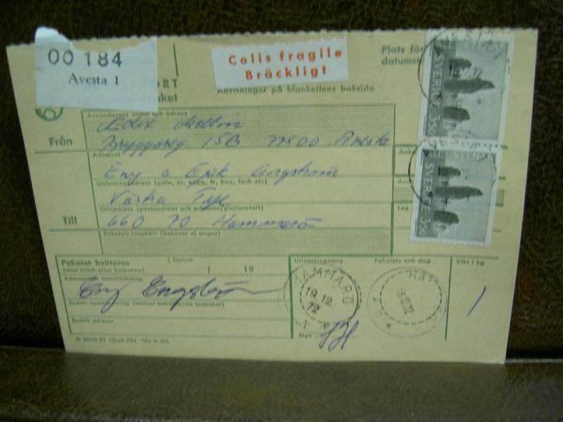 Bräckligt + Paketavi med stämplade frimärken - 1972 - Avesta 1 till Hammarö