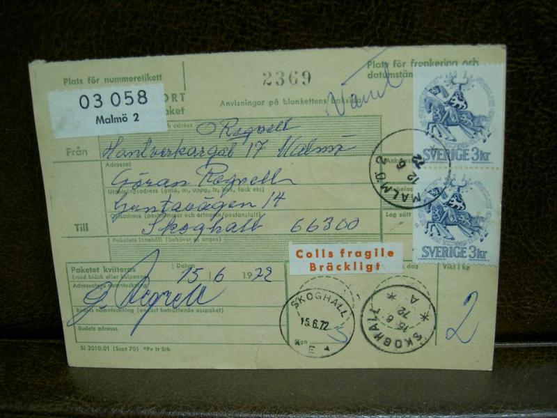 Bräckligt + Paketavi med stämplade frimärken - 1972 - Malmö 2 till Skoghall