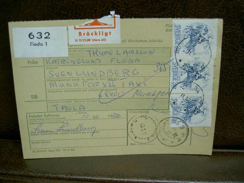 Bräckligt + Paketavi med stämplade frimärken - 1972 - Floda 1 till Munkfors 2