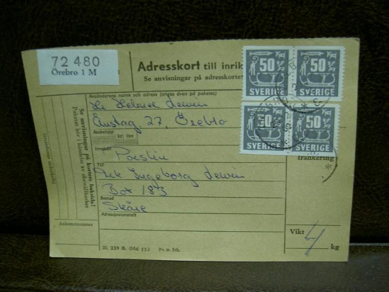 Paketavi med stämplade frimärken - 1962 - Örebro 1 till Skåre