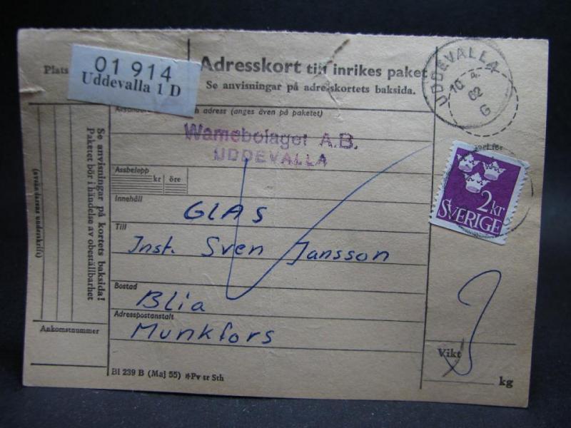 Adresskort med stämplade frimärken - 1962 - Uddevalla till Munkfors
