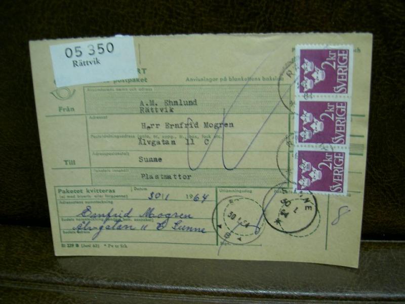 Paketavi med stämplade frimärken - 1964 - Rättvik till Sunne
