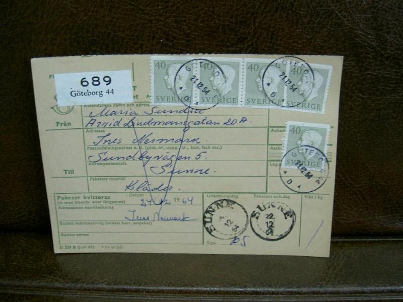 Paketavi med 5 st stämplade frimärken - 1964 -  Göteborg 44 till Sunne
