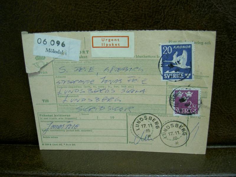 Ilpaket + Paketavi med stämplade frimärken - 1965 - Mölndal 1 till Lundsberg