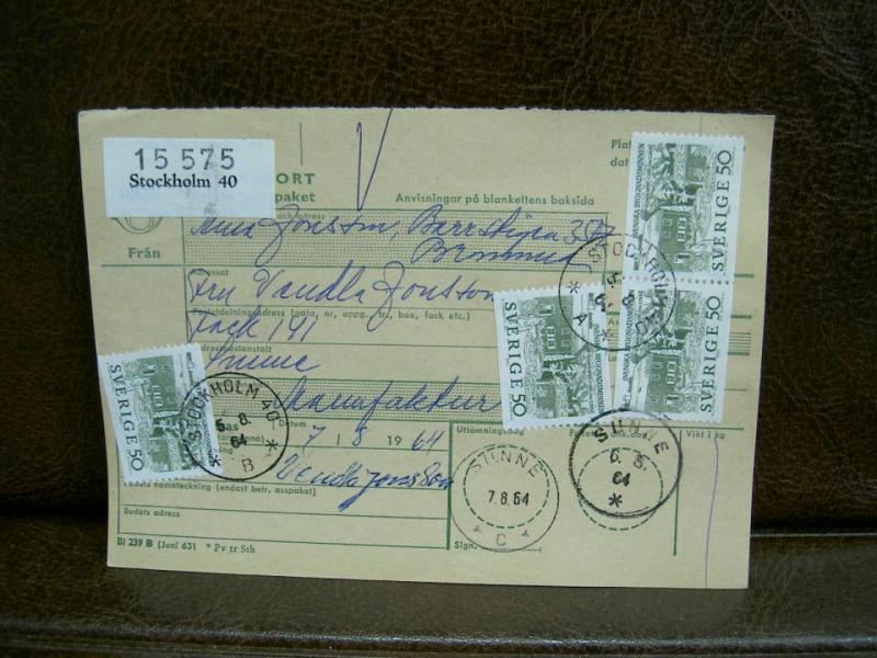 Paketavi med stämplade frimärken - 1964 - Stockholm 40 till Sunne