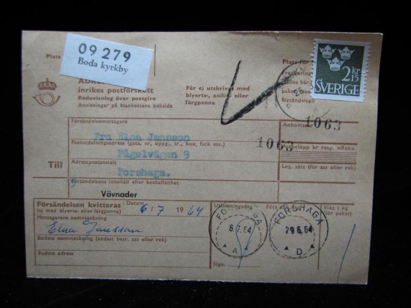 Adresskort med stämplat frimärke - 1964 - Boda Kyrkby till Forshaga