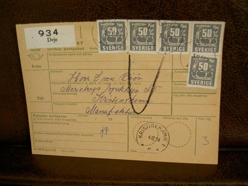 Paketavi med 5 st stämplade frimärken - 1964 - Deje till Kristinehamn