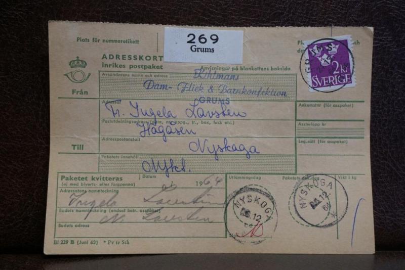 Frimärke  på adresskort - stämplat 1963 -  Grums - Nyskoga 