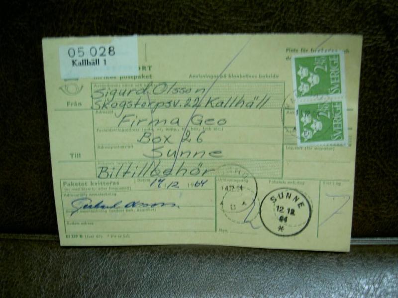 Paketavi med stämplade frimärken - 1964 - Kallhäll 1 till Sunne
