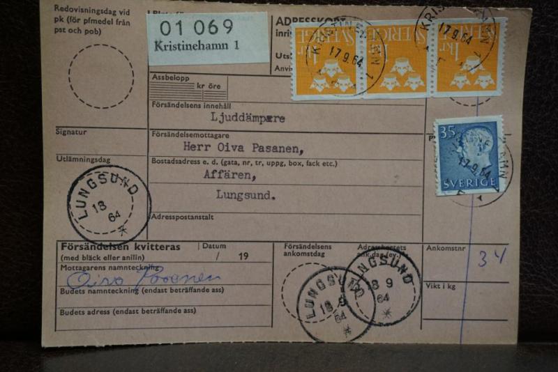 Frimärken  på adresskort - stämplat 1964 -  Kristinehamn 1 - Lungsund 