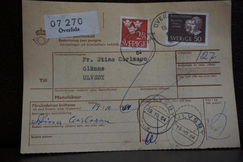 Frimärken  på adresskort - stämplat 1963 -  Överlida - Ulvsby 