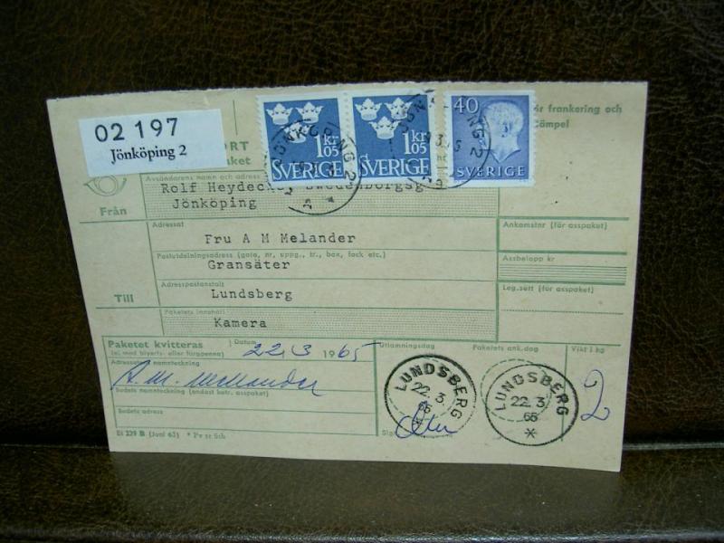 Paketavi med stämplade frimärken - 1965 - Jönköping 2 till Lundsberg