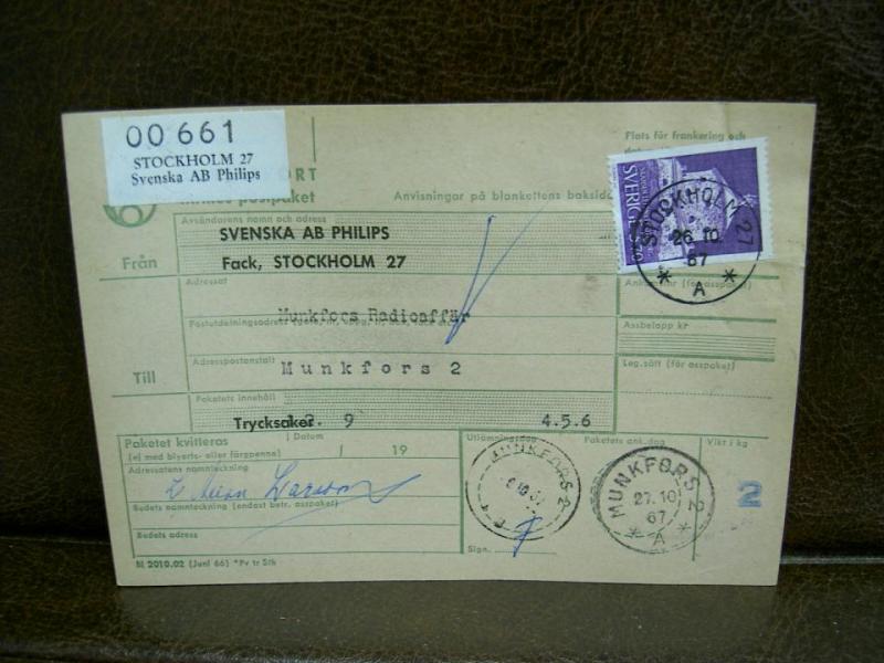 Paketavi med stämplade frimärken - 1967 - Stockholm 27 till Munkfors