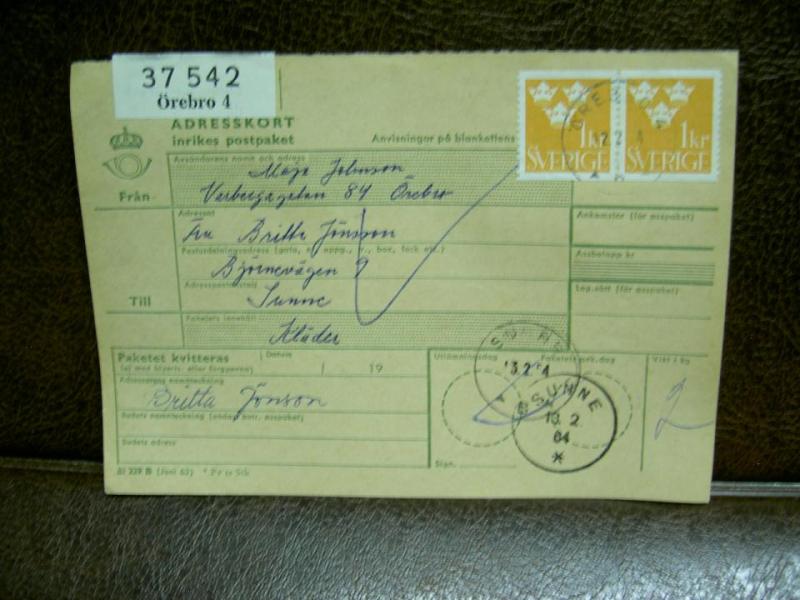 Paketavi med stämplade frimärken - 1964 - Örebro 4 till Sunne