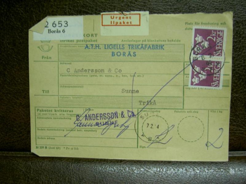 Paketavi med stämplade frimärken + Bräckligt - 1964 - Borås 6 till Sunne