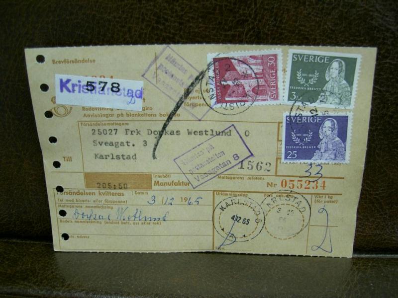 Paketavi med stämplade frimärken - 1965 - Kristianstad 2 till Karlstad