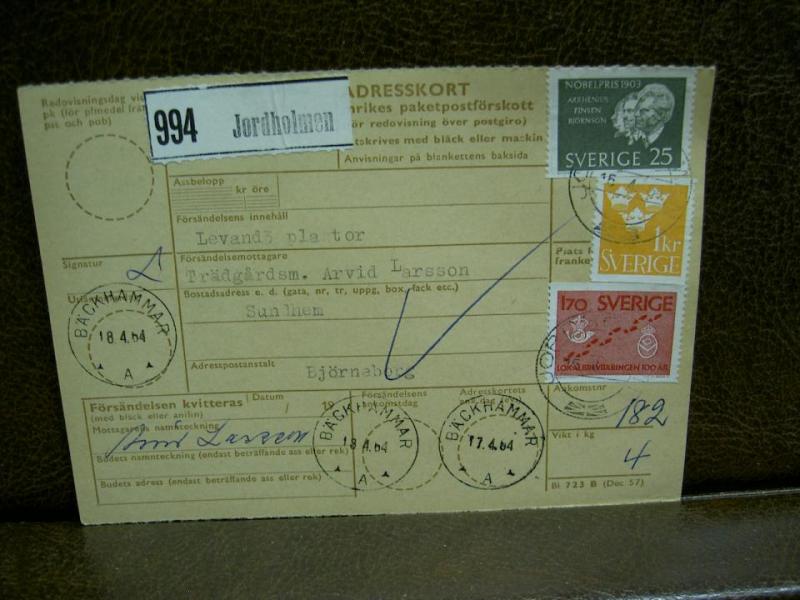 Paketavi med stämplade frimärken - 1964 - Jordholmen till Bäckhammar