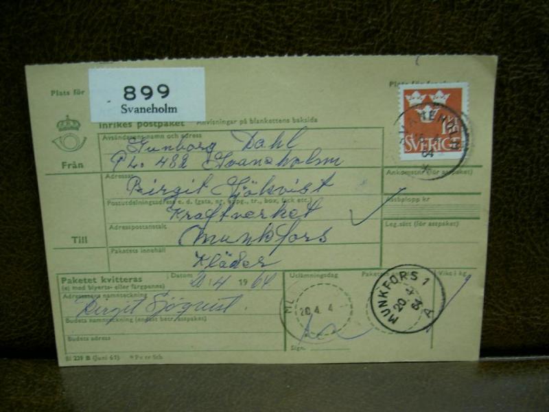 Paketavi med stämplade frimärken - 1964 - Svaneholm till Munkfors 1