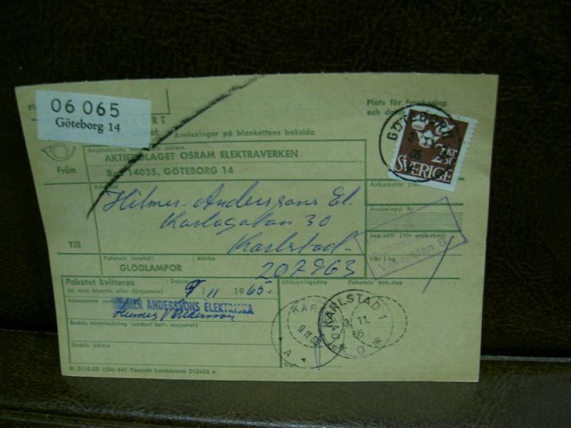 Paketavi med stämplade frimärken - 1965 - Göteborg 14 till Karlstad