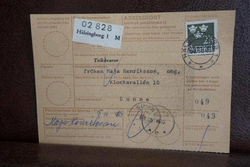Frimärke  på adresskort - stämplat 1963 - Hälsingborg 1 M - Sunne 