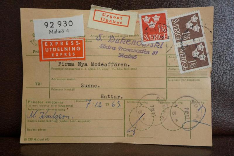 Ilpaket + Expressutdelning + Frimärken  på adresskort - stämplat 1963 - Malmö 4 - Sunne 