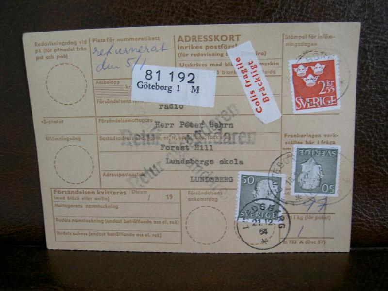 Bräckligt + Paketavi med stämplade frimärken - 1964 - Göteborg 1 till Lundsberg