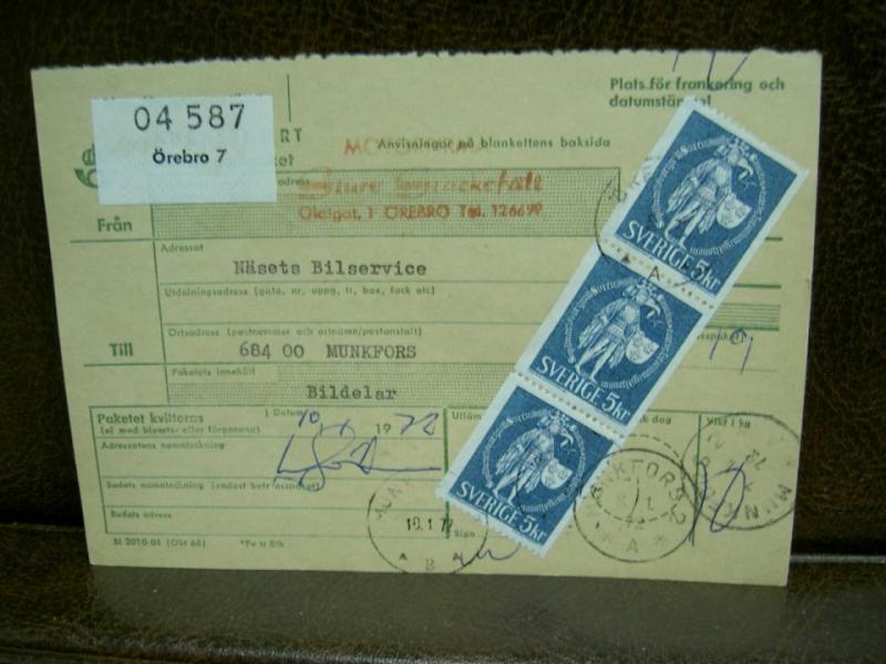 Paketavi med 5 st stämplade frimärken - 1972 - Örebro 7 till Munkfors 2