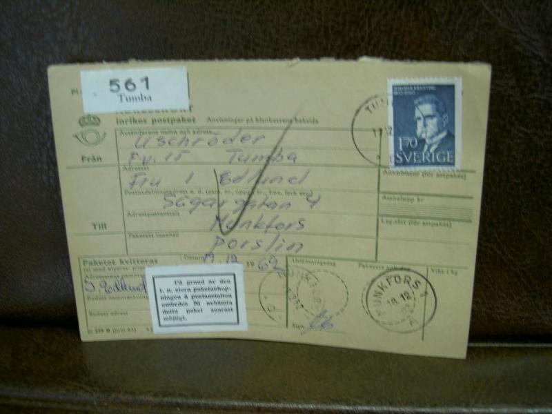 Paketanhopning + Paketavi med stämplade frimärken - 1962 - Tumba till Munkfors