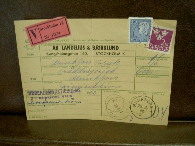 Paketavi med stämplade frimärken - 1962 - Stockholm 12 till Munkfors