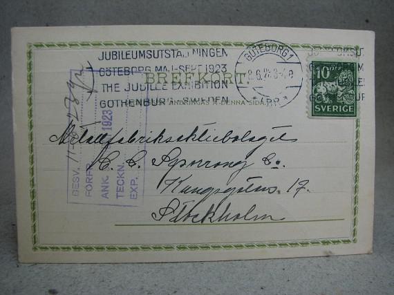 Stämplat Brevkort till C.C Sporrong & Co. fr. Jubileumsutställningen 1923