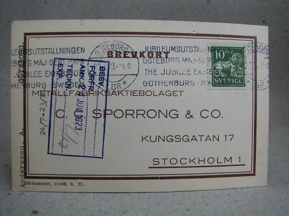 Stämplat Brevkort till C.C Sporrong & Co. fr. Jubileumsutställningen Gbg 1923