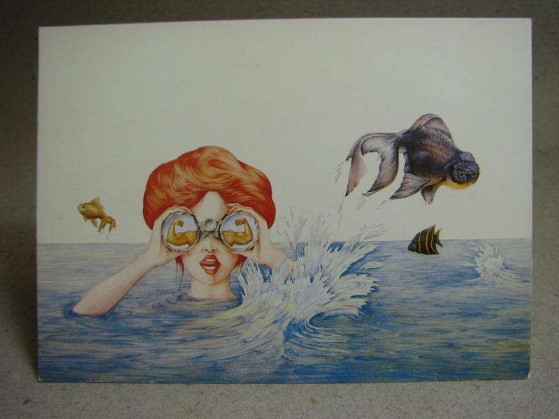 vykort Humor - Intressant simtur med ovanliga "fisk" i kikaren