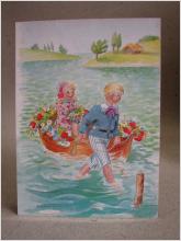Vykort - Pojke och flicka med båt - Sign. Annbritt