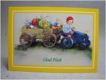 Påskkort  oskrivet - Glad Påsk - Pojke kör traktor med vagn full av ägg / Hannes Petersen