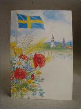 Vykort oskrivet - Blommor med flagga och kyrka