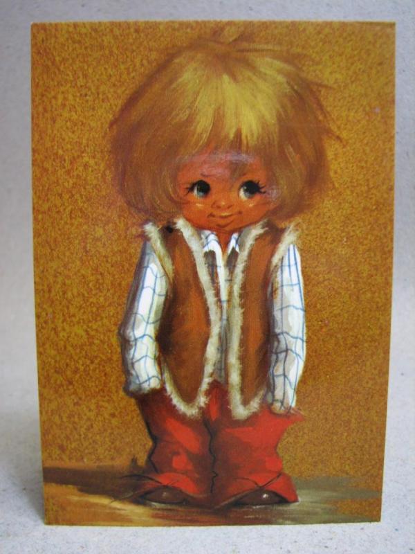 vykort tecknat med söt kille i 1970-tals kläder