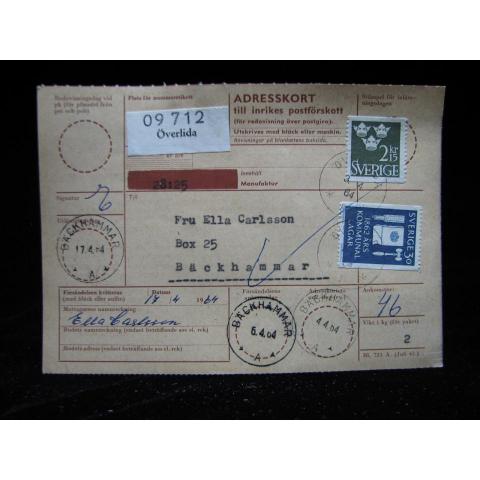 Adresskort med stämplade frimärken - 1964 - Överlida till Bäckhammar