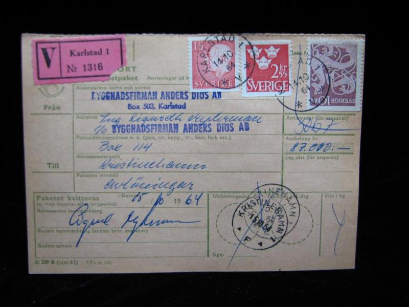 Adresskort med stämplade frimärken - 1964 - Karlstad till Kristinehamn