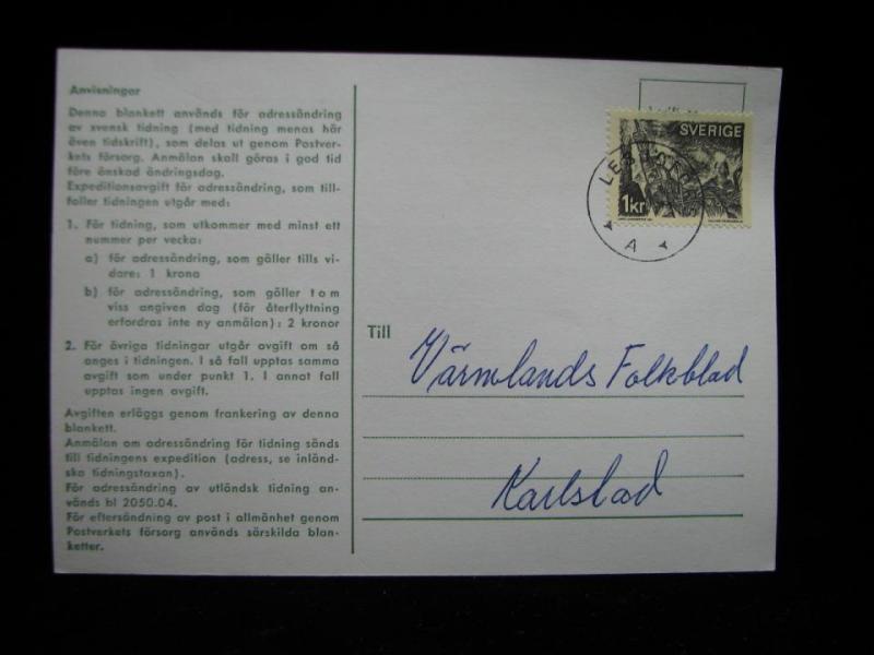 Adressändringskort med stämplat frimärke - Lesjöfors 1972