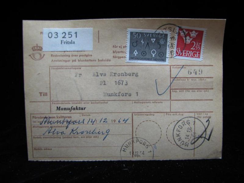 Adresskort med stämplade frimärken - 1964 - Fritsla till Munkfors