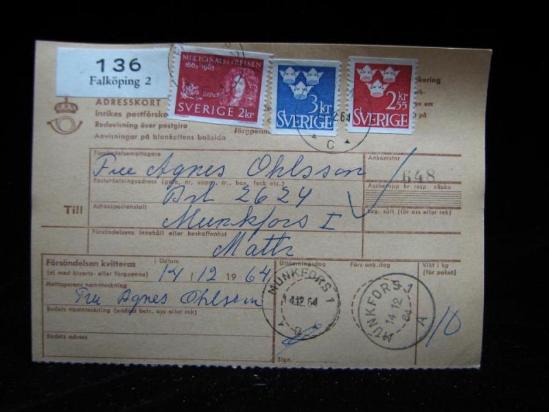 Adresskort med stämplade frimärken - 1964 - Falköping till Munkfors