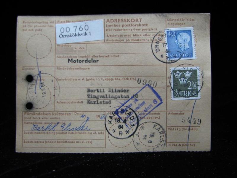 Adresskort med stämplade frimärken - 1964 - Örnsköldsvik till Karlstad