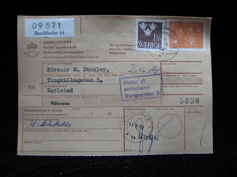 Adresskort med stämplade frimärken - 1964 - Stockholm till Karlstad