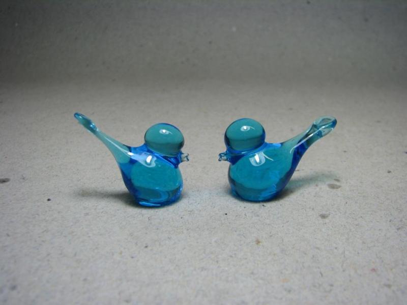 Miniatyr - Två fåglar i blått glas