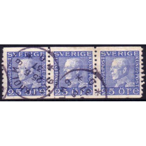 Facit #183 Gustav V profil vänster, 25 öre blå 3-STRIP