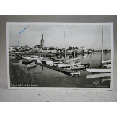 Båtar skola Kyrka Hamnen Mariestad 1947 Västergötland skrivet Gammalt vykort