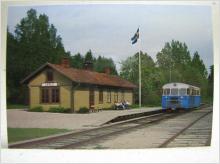 Vykort  Tåg - Järle Station med NBJ rälsbuss Yo2 nr 3